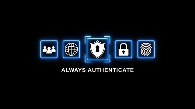 Cybersecurity authentication glowing blue on black background with always authenticate text