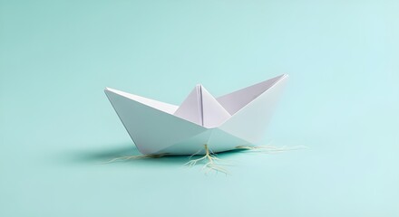A white origami paper boat with roots growing out of its bottom, settled on a light blue background. Symbolizes stability, staying grounded, and finding a home.
