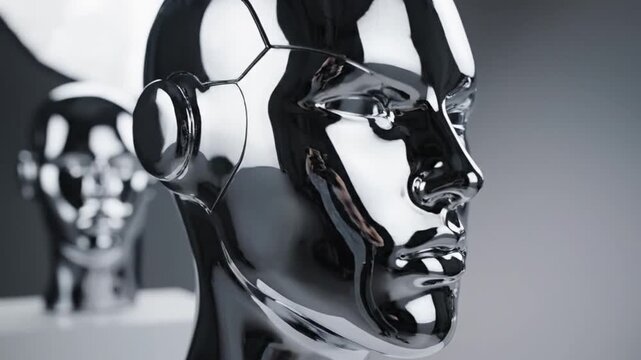 Futuristic chrome mannequin heads on display in modern studio