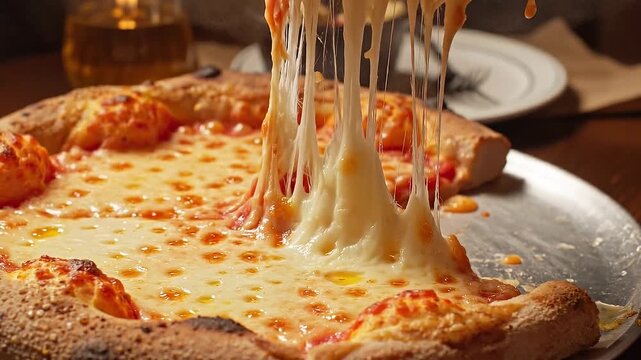 Close Up of Cheese Pizza with Melting Cheese Strings