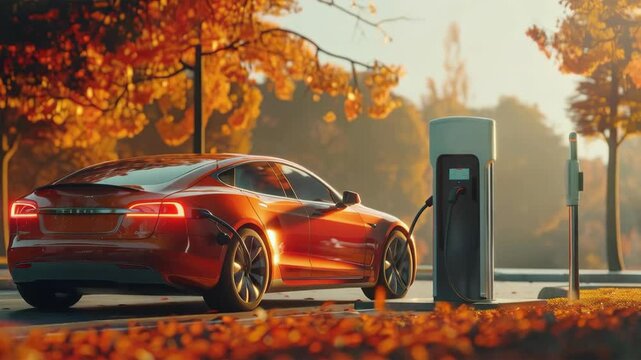 An electric car connected to a charging station against the backdrop of golden autumn illustrates environmentally friendly technologies and a sustainable future, which is relevant for projects related