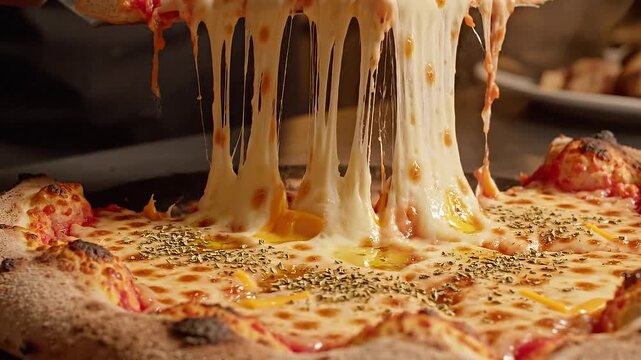 Close Up of Cheese Pizza with Melting Cheese Strings