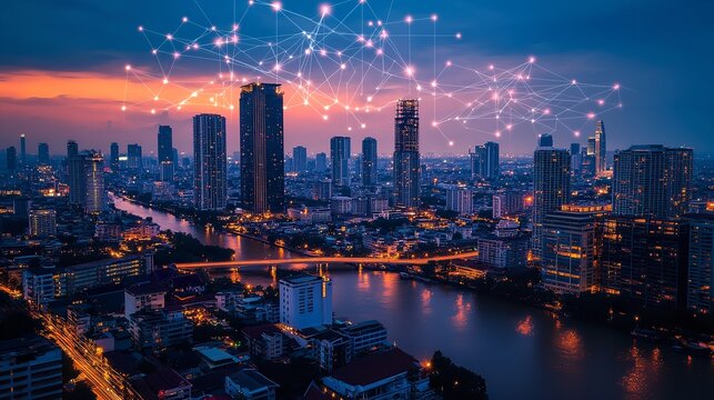 Smart cityscape at dusk with glowing digital network lines and nodes symbolizing IoT connectivity and modern urban development