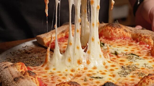 Close Up of Cheese Pizza with Melting Cheese Strings