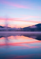 Obraz premium A perfectly still mountain lake reflecting the soft, pastel hues of the early morning sky, enveloped in a calming, ethereal mist, horizon, peaceful, ethereal