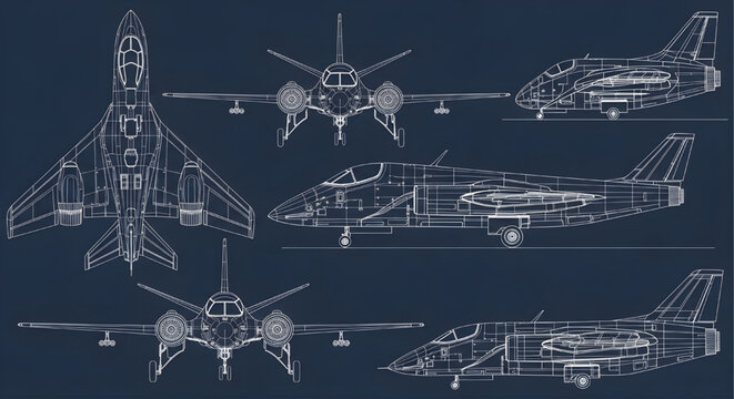 Detailed Futuristic Aircraft AutoCAD Blueprint Vehicle Designs Multiple Views Vector No Frame