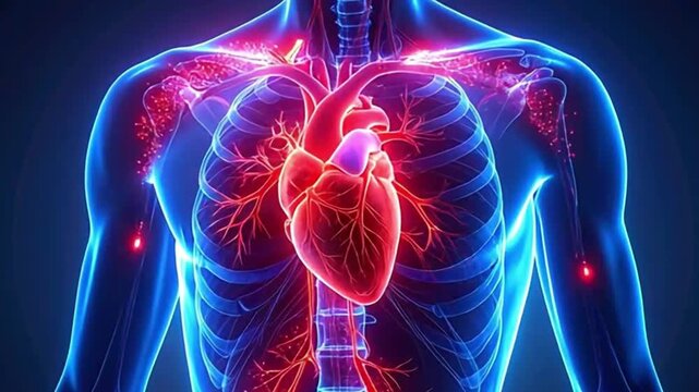 Detailed Human Heart Anatomy with Glowing Arteries and Veins &ndash; Medical Footage