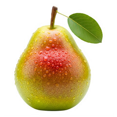 Fresh ripe pear with green leaf and water droplets glistening on transparent background