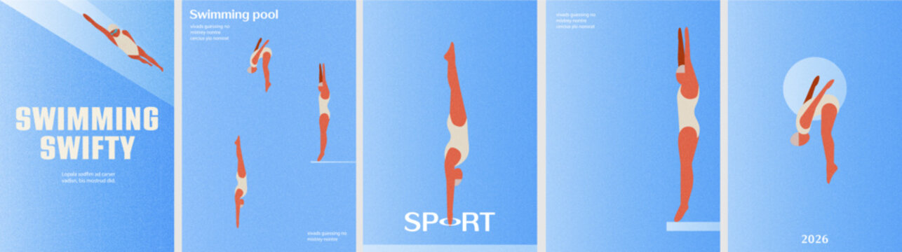 Minimalist swimming pool posters featuring divers and swimmers in motion. Modern flat illustration Ideal for web banners, presentations, sport branding, and contemporary graphic layouts.