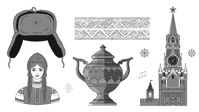 Cultural symbols of Russia including an ushanka hat, a woman in traditional dress, a samovar, and the Kremlin clock tower are shown.