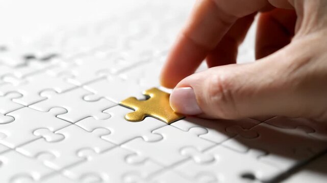 Hand Placing Last Golden Puzzle Piece into White Jigsaw Puzzle.
