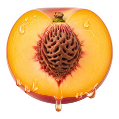 Half cut ripe peach with seed visible and juice dripping on transparent background