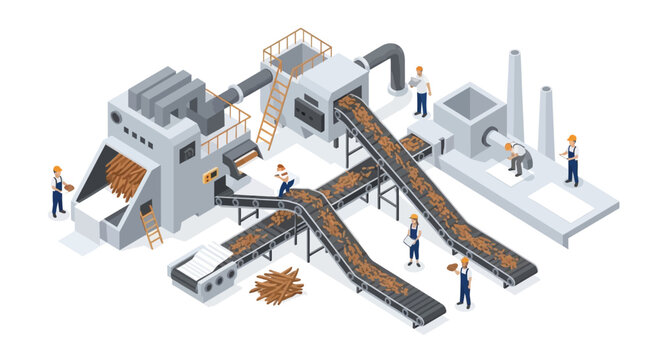 Isometric illustration depicting a coal processing plant with conveyor belts and workers presented as a silhouette high quality professional detailed modern