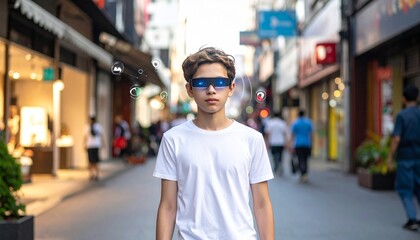 Teenager walking in the city wearing AI smart glasses for navigation and social media, floating UI icons around the glasses, lifestyle moment, cinematic natural light, 
