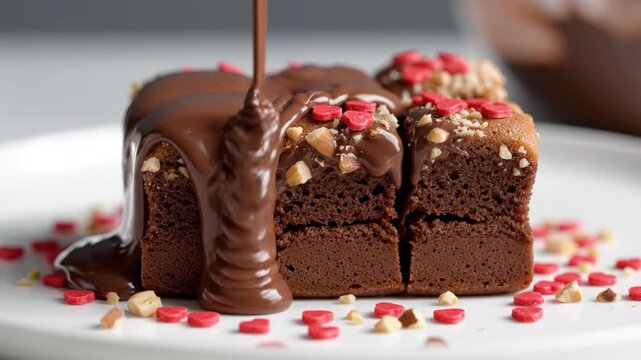 Chocolate sauce drizzling over layered cake slices with heart sprinkles