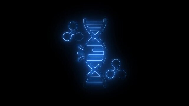 Blue Neon Science Icons D N A icon 4k video animation on Black Background.