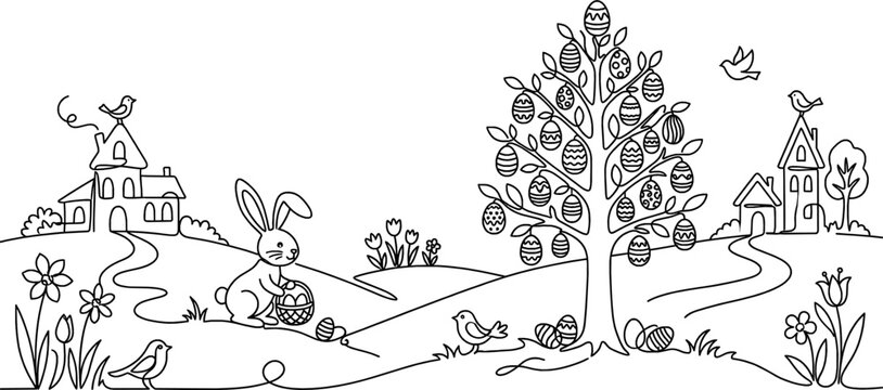Easter Bunny and Egg Tree Landscape Monoline Background
