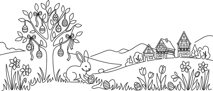 Easter Bunny and Egg Tree Landscape Monoline Background