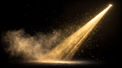 A narrow golden sunlight beam cutting diagonally through dense floating dust particles, soft volumetric fog expanding outward, subtle particle sparkle, deep black negative space background, ultra-real