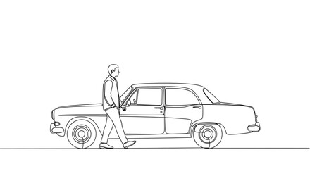 Fototapeta premium Man walking towards vintage car in minimalist line art style 