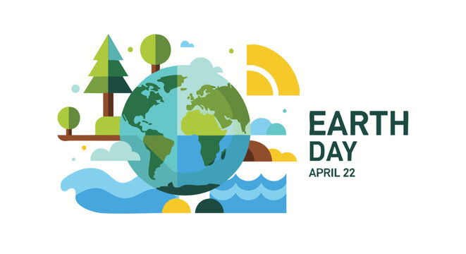Earth Day illustration in flat design with green and blue colors on white background for environmental awareness