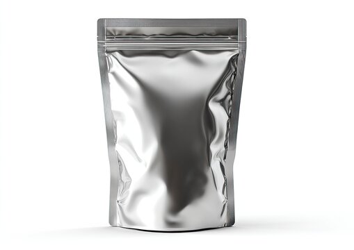 A shiny silver pouch stands upright, sealed with a top zipper, reflecting light, isolated on white