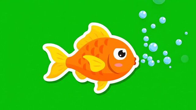 Cute Orange Goldfish Blowing Bubbles on Green Screen Background.