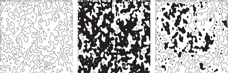 A black and white abstract image with three distinct textured sections side by side