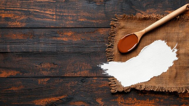 A wooden spoon with melted chocolate rests on a textured burlap cloth against a dark, rustic wooden table surface with visible grain and warm lighting accentuating the textures and rich brown hues of