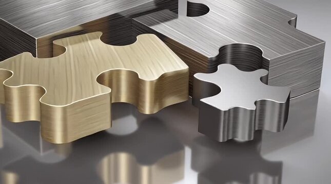 Interlocking Puzzle Pieces: A close-up shot of metallic jigsaw puzzle pieces, demonstrating the concept of collaboration, connectivity, and unity.