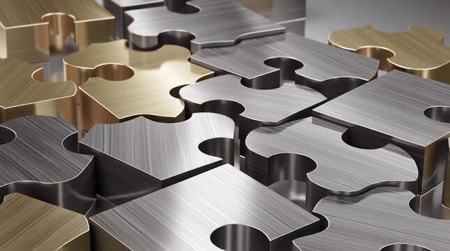 Puzzle Pieces: A close-up shot of scattered metallic puzzle pieces, showcasing a textured interplay of form and color, symbolizing connectivity and problem-solving.