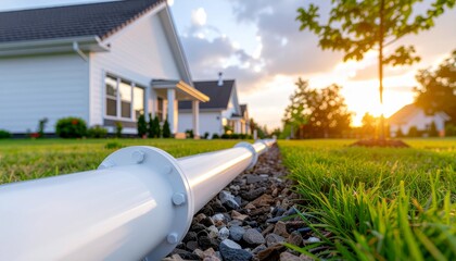 White pvc pipe installed along suburban home's lawn at sunset