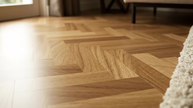 Close up of a beautiful herringbone parquet floor with a cozy shaggy rug in a modern home interior. Natural wood flooring texture and home decoration for renovation concepts