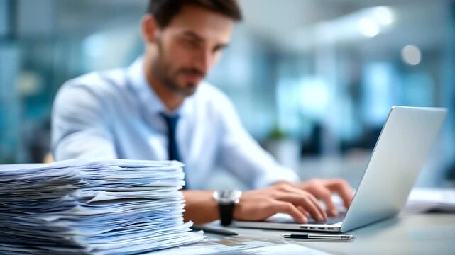 Document management system being setup by faceless IT consultant heavily defocused office background anonymous professional working on laptop software for archiving corporate
