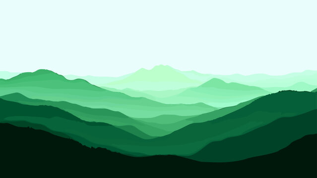 Vector Serene layered mountain landscape with gradient green hues, capturing the essence of tranquility, nature's grandeur, and scenic beauty Design
