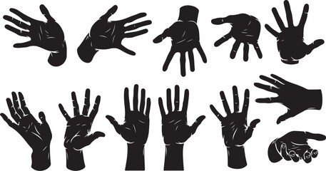 Fototapeta premium Collection of black hand silhouettes in various gestures and positions
