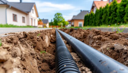 Black plastic pipes laid in a trench for residential underground infrastructure