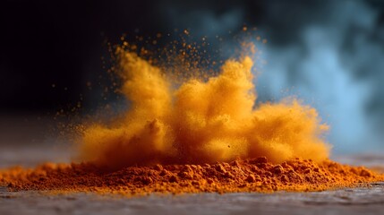 Fototapeta premium Explosion of vibrant orange powder captured in dynamic motion against a dark blurred background