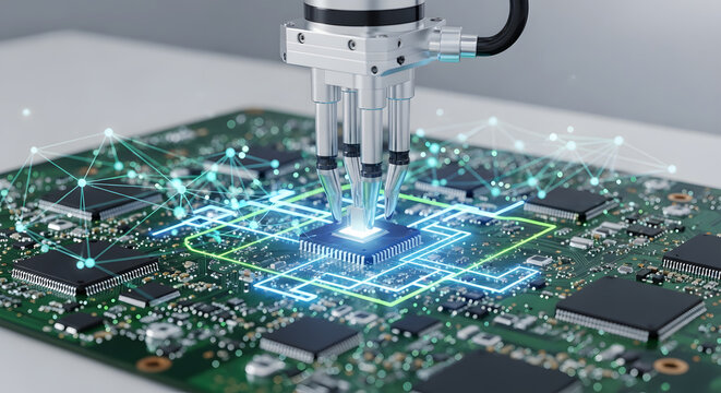 Robotic arm connecting to glowing circuit board with digital network overlay technology