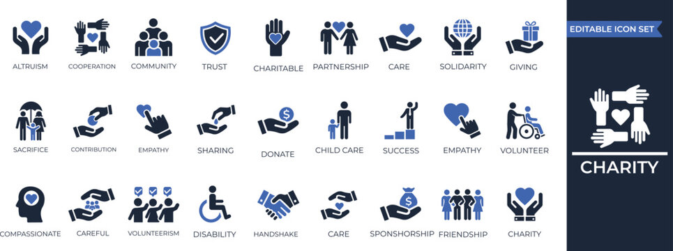 Charity solid icon set for donation, caring, charity, community, friendship, giving, and support symbols. Solid icon collection.