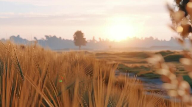 Golden Wheat Field at Dawn: Capturing the serene beauty of a golden wheat field bathed in the soft, ethereal light of dawn. The gentle breeze rustles the tall stalks.