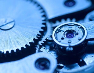 Close-up of clockwork gears, showing detailed mechanical inner workings