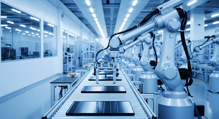 Naklejka premium Robotic arms assembly line with solar panels on conveyor belt factory automation