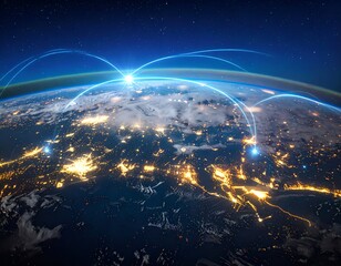 Earth at night with glowing connection lines and a vibrant atmosphere