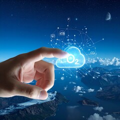 Hand pointing to a glowing cloud of CO2 over a landscape