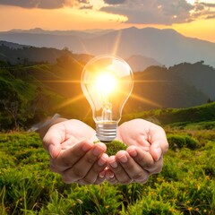 Hands hold a glowing lightbulb over a vibrant green landscape