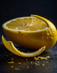 Close-up of a halved lemon with curling peel and droplets