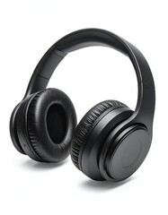 Black over-ear headphones, angled view, isolated on a white background