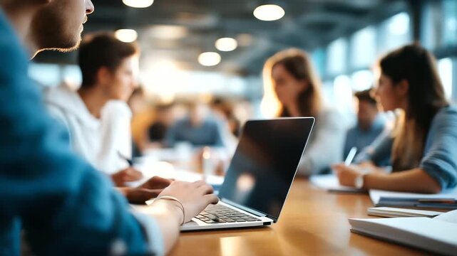 Collaboration and teamwork in university setting heavily defocused academic background faceless students and professionals educational cooperation environment campus learning