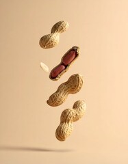 Peanuts in air, one split open to reveal red kernels, against a neutral backdrop